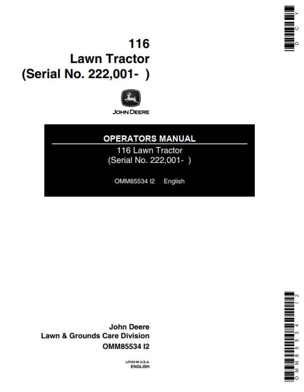 John Deere Lawn Tractor 116 Operators Manual 1