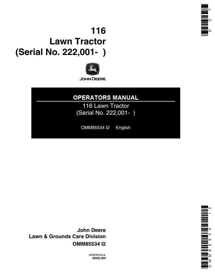John Deere Lawn Tractor 116 Operators Manual 1