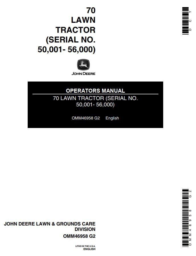 John Deere Lawn Tractor 70 Operators Manual