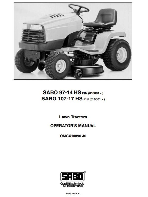 John Deere Lawn Tractors SABO97 14HS SABO107 17HS Operators Manual EN DE