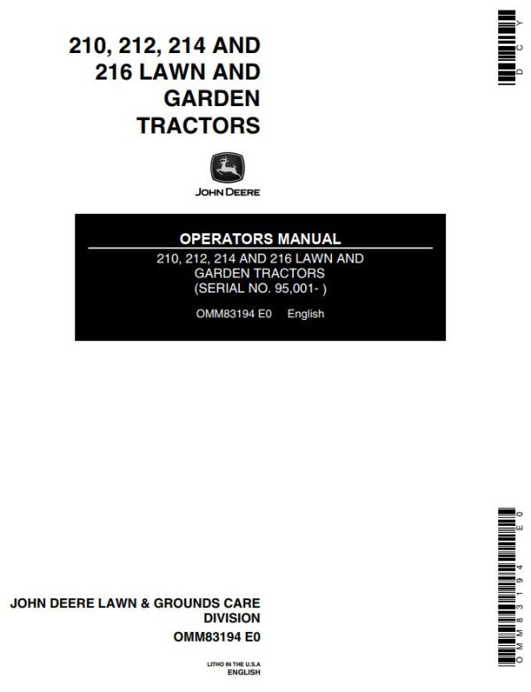 John Deere Lawn and Garden Tractors 210 212 214 216 Operators Manual