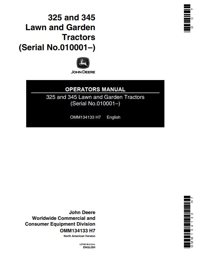John Deere Lawn and Garden Tractors 325 345 Operators Manual