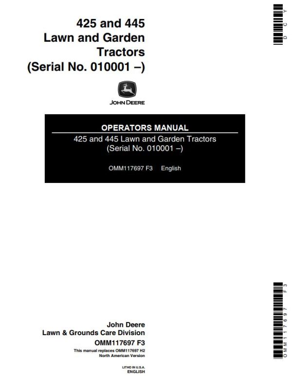John Deere Lawn and Garden Tractors 425 445 Operators Manual