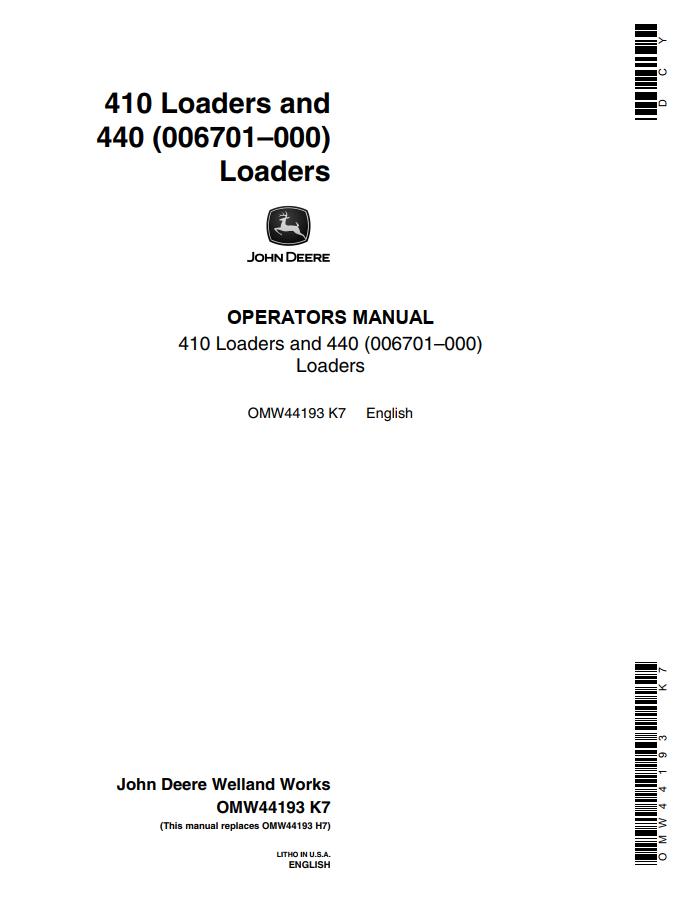 John Deere Loaders 410 440 Operators Manual