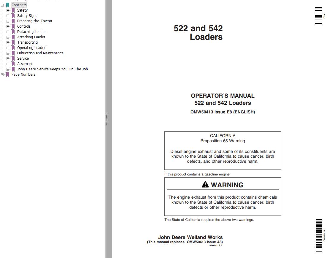 John Deere Loaders 522 542 Operators Manual