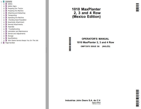 John Deere Max Planter 2 3 and 4 Row 1010 Operators Manual