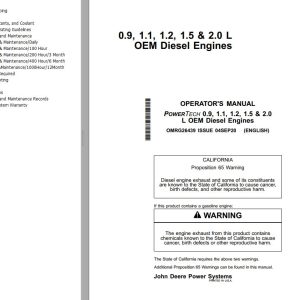 John Deere OEM Diesel Engine 0.9 1.1 1.2 1.5 2.0 L Operator Manual