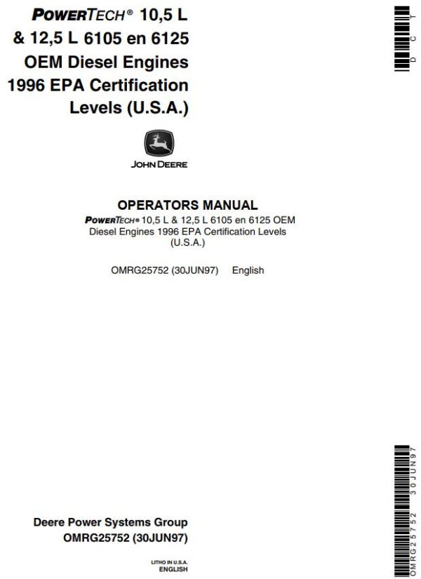 John Deere OEM Diesel Engines 105L 125L Operators Manual EN DK
