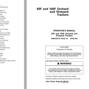 John Deere Orchard and Vineyard Tractors 85F 100F Operators Manual