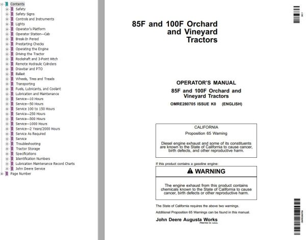 John Deere Orchard and Vineyard Tractors 85F 100F Operators Manual