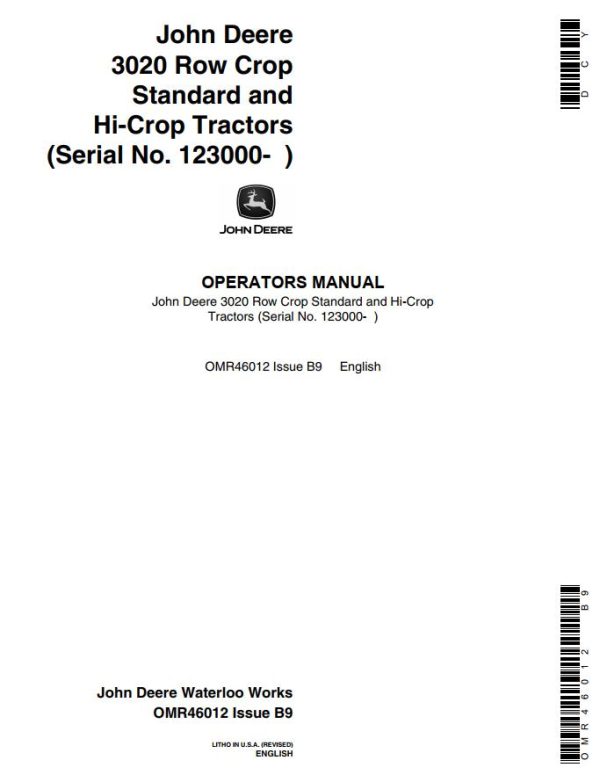 John Deere Row Crop Standard and Hi Crop Tractors 3020 Operators Manual