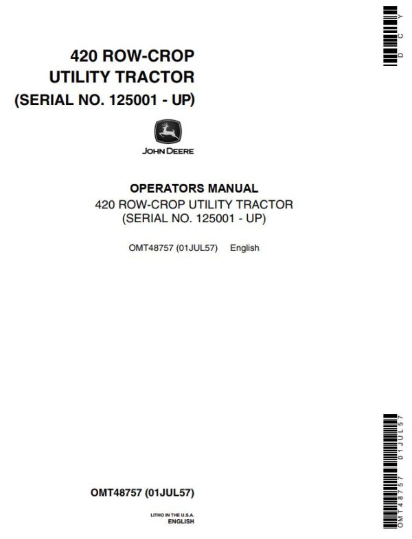 John Deere Row Crop Utility Tractor 420 Operators Manual