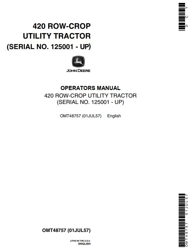 John Deere Row Crop Utility Tractor 420 Operators Manual
