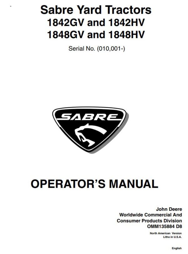 John Deere Sabre Yard Tractors 1842GV 1842HV 1848GV 1848HV Operators Manual EN ES