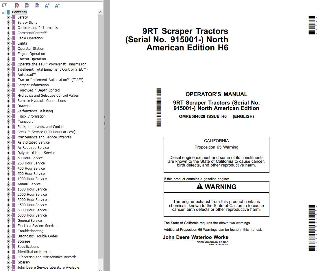 John Deere Scraper Tractor 9RT Operators Manual