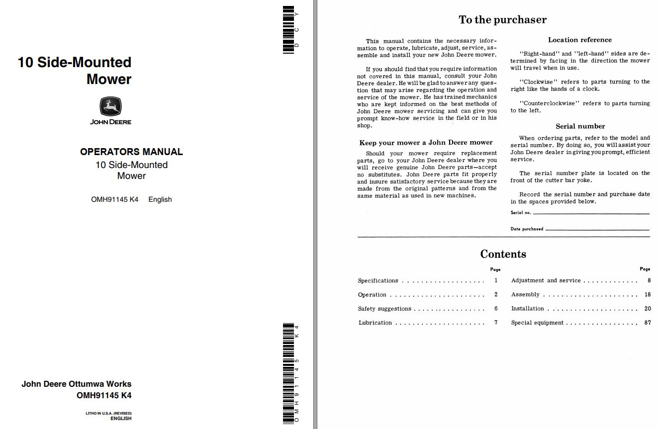 John Deere Side Mounted Mower 10 Operators Manual 1