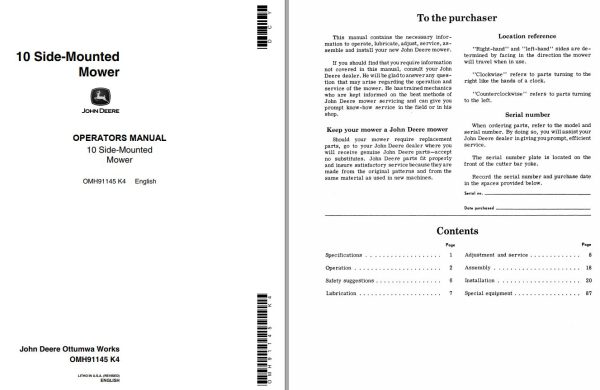 John Deere Side Mounted Mower 10 Operators Manual