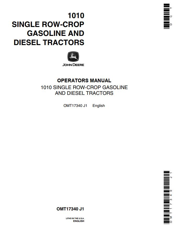 John Deere Single Row Crop Gasoline and Diesel Tractors 1010 Operators Manual 1