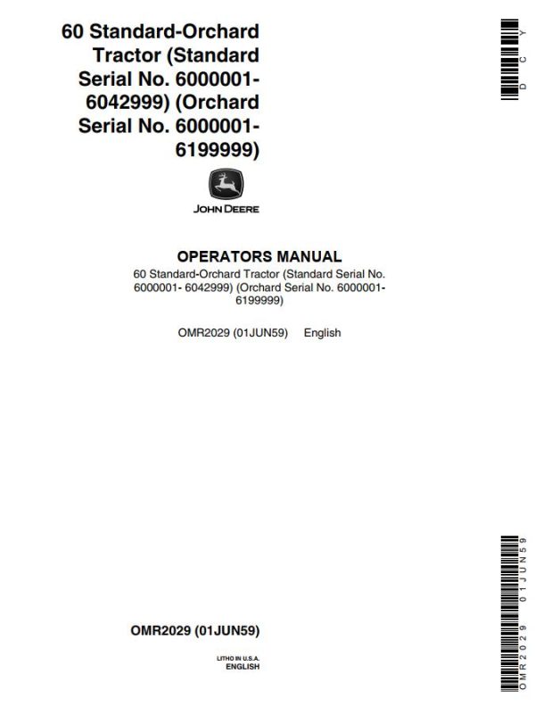 John Deere Standard Orchard Tractor 60 Operators Manual