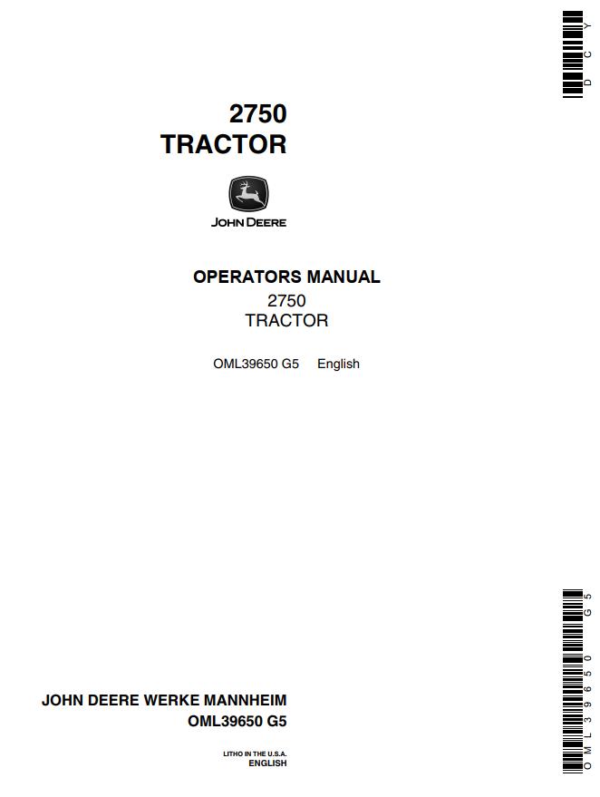 John Deere Tractor 2750 Operators Manual