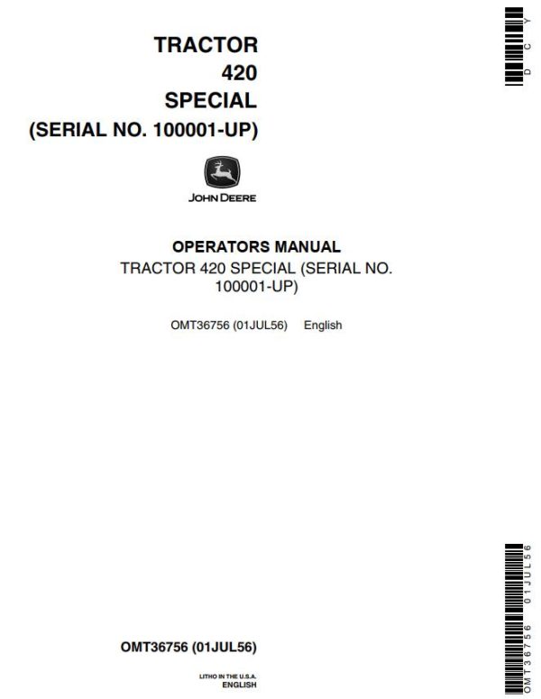 John Deere Tractor 420 Special Operators Manual