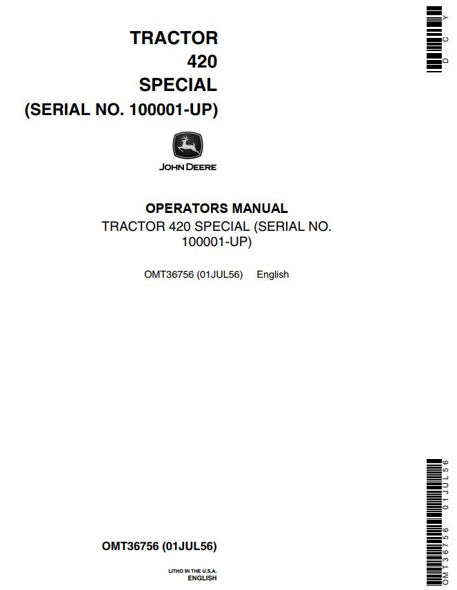 John Deere Tractor 420 Special Operators Manual