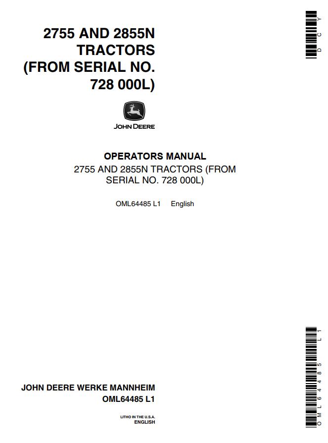 John Deere Tractors 2755 2855N Operators Manual
