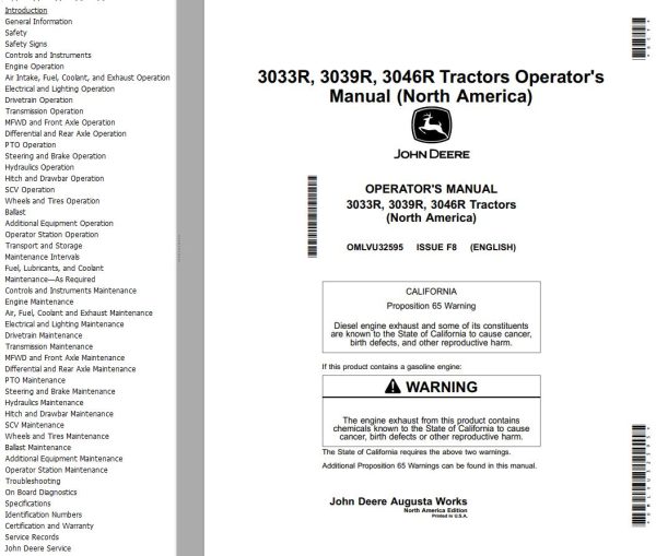 John Deere Tractors 3033R 3039R 3046R Operators Manual