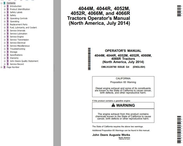 John Deere Tractors 4044M 4044R 4052M 4052R 4066M 4066R Operators Manual