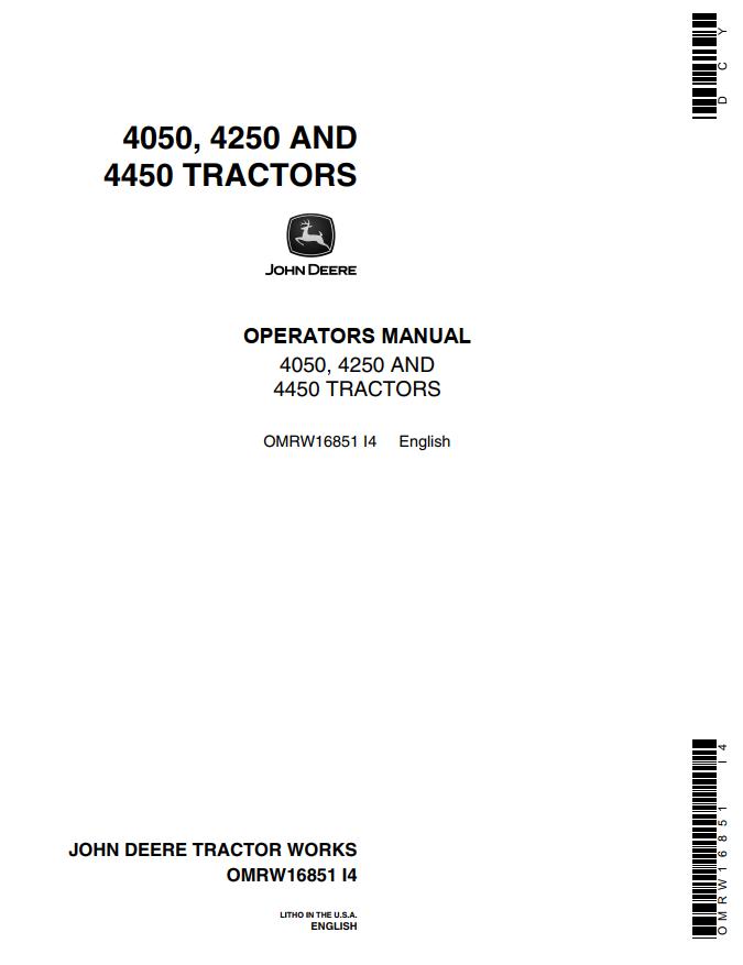 John Deere Tractors 4050 4250 4450 Operators Manual