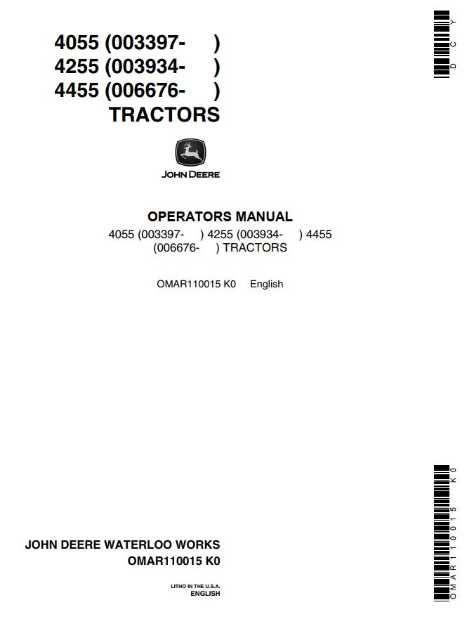 John Deere Tractors 4055 4255 4455 Operators Manual