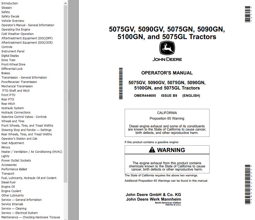 John Deere Tractors 5075GV to 5075GL Operators Manual