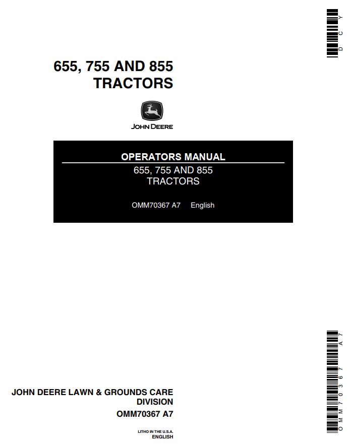 John Deere Tractors 655 755 855 Operators Manual