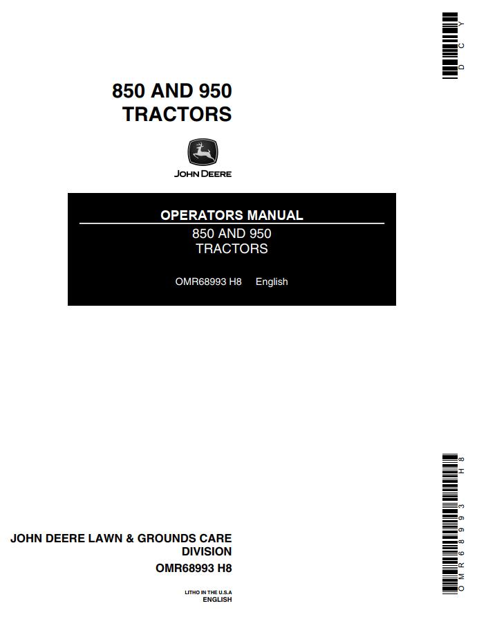 John Deere Tractors 850 950 Operators Manual