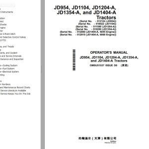 John Deere Tractors JD954 JD1104 JD1204 A JD1354 A JD1404 A Operators Manual