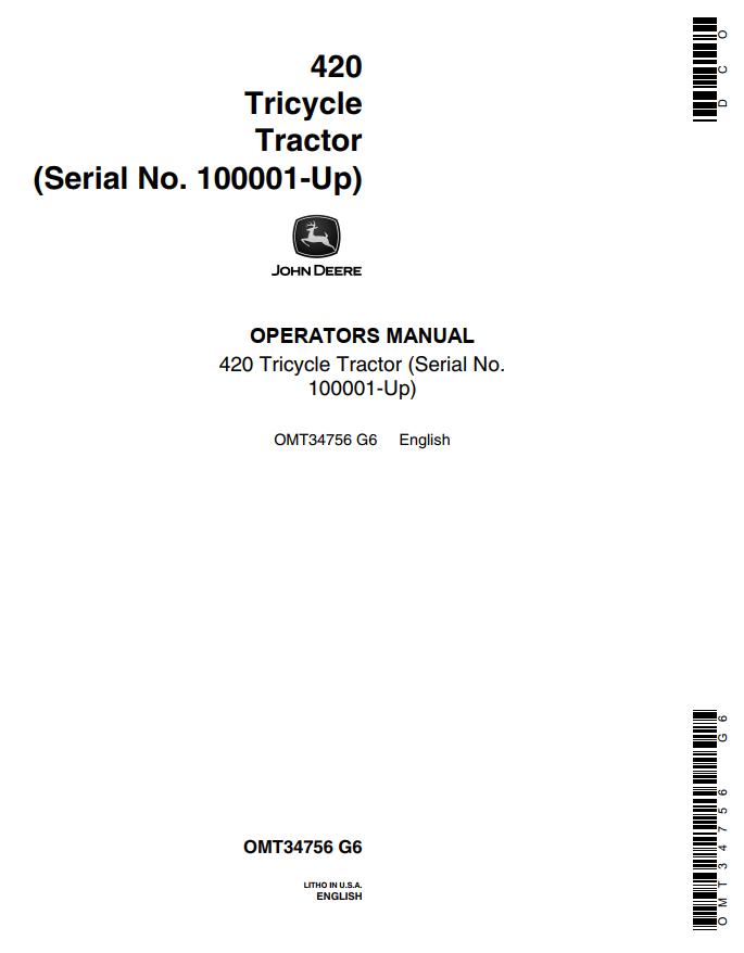 John Deere Tricycle Tractor 420 Opearators Manual