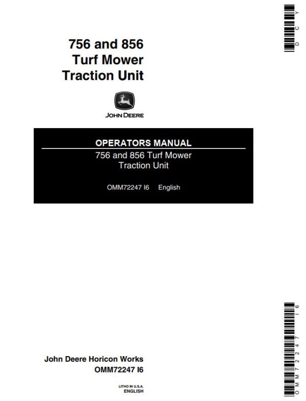 John Deere Turf Mower Traction Unit 756 856 Operators Manual