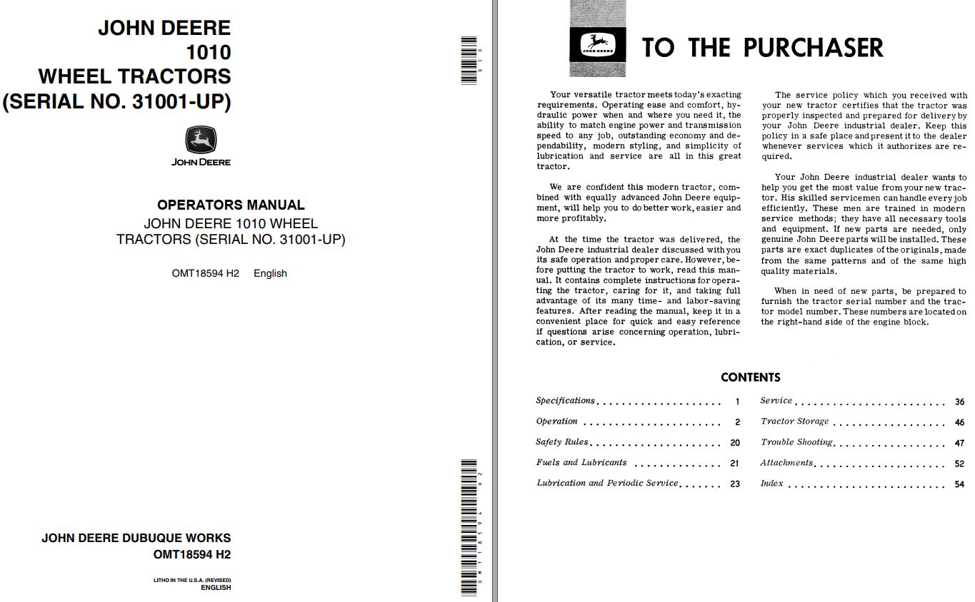 John Deere Wheel Tractors 1010 Operators Manual EN ES