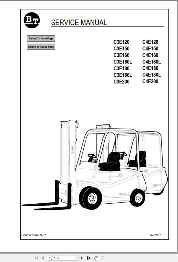 BT Forklift C3E120 to C3E200 C4E120 to C4E200 Service Manual