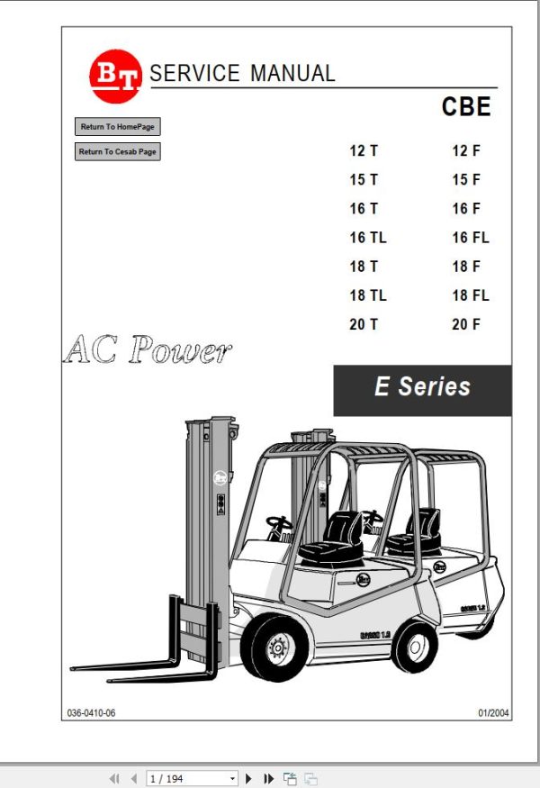 BT Forklift CBE 12T to 20T 12F to 20F Service Manual