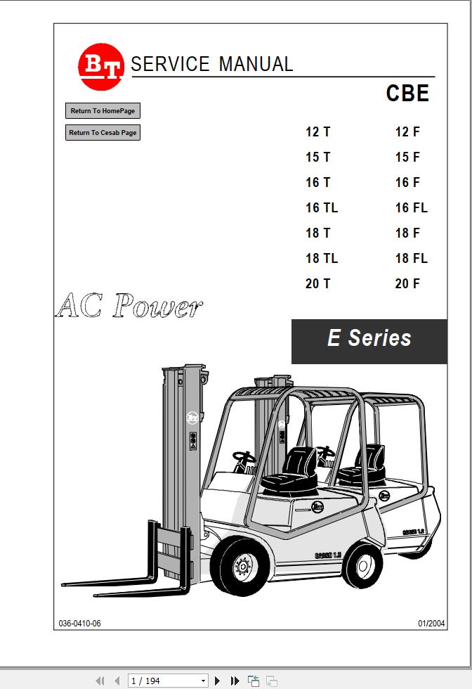 BT Forklift CBE 12T to 20T 12F to 20F Service Manual