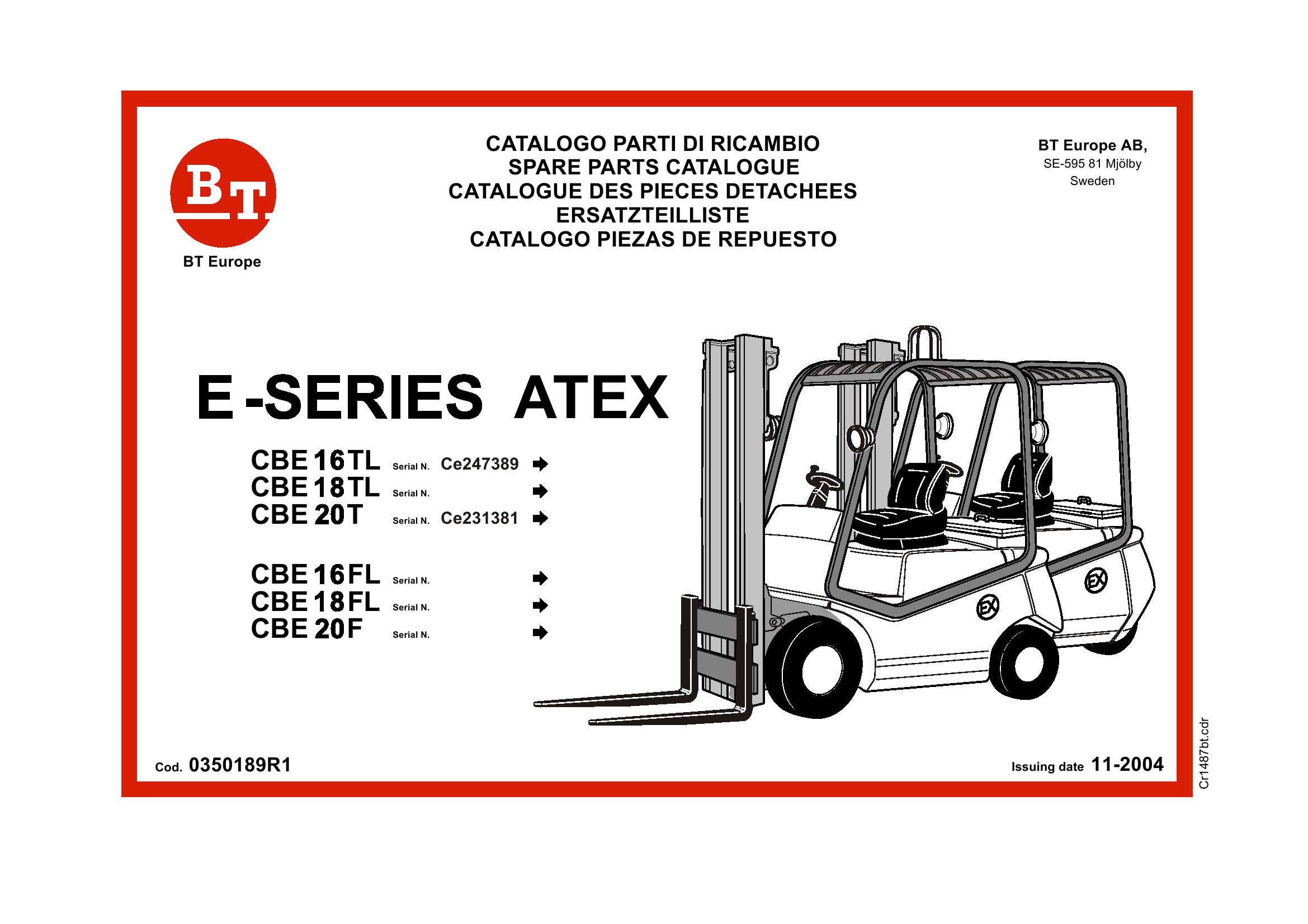 BT Forklift CBE16TL to CBE20F Parts Catalog IT EN FR DE ES