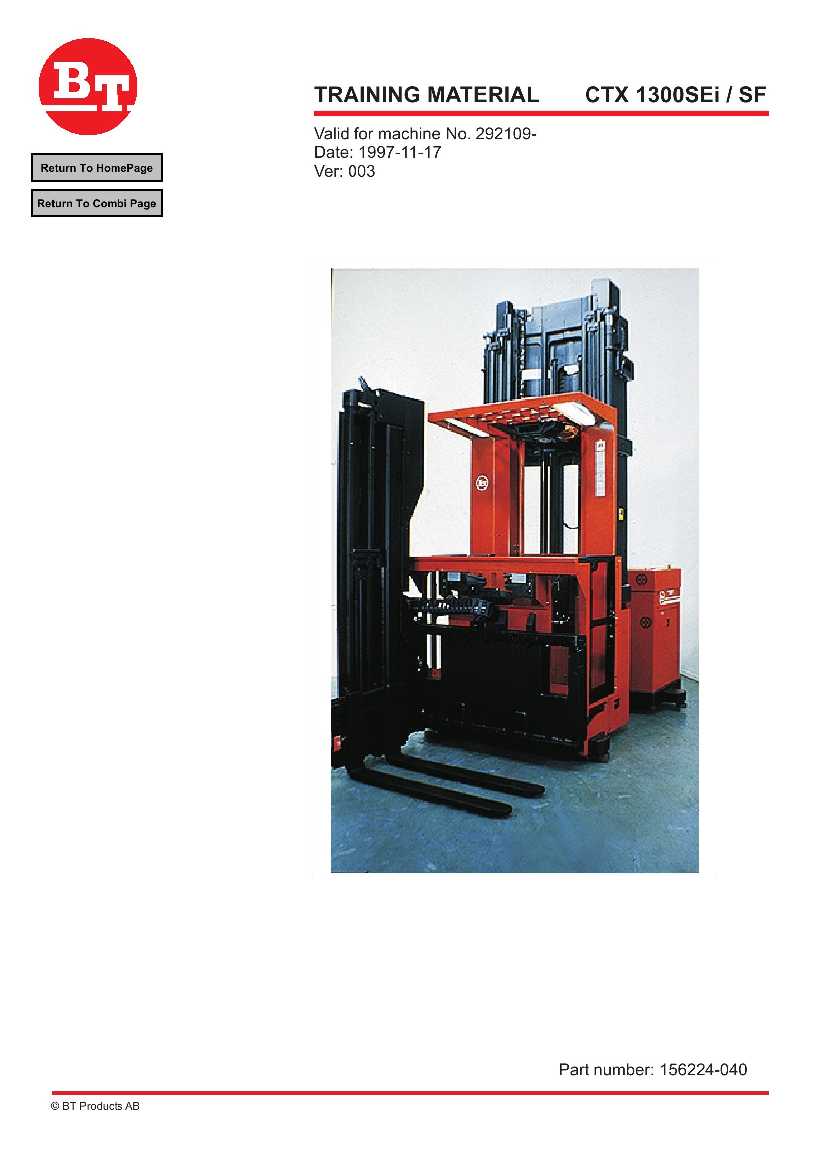 BT Forklift CTX 1300SEi 1300SEiSF Training Material