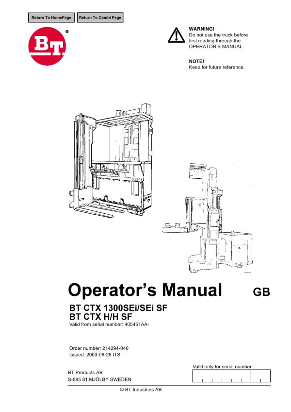 BT Forklift CTX 1300SEi H SF Operators Manual