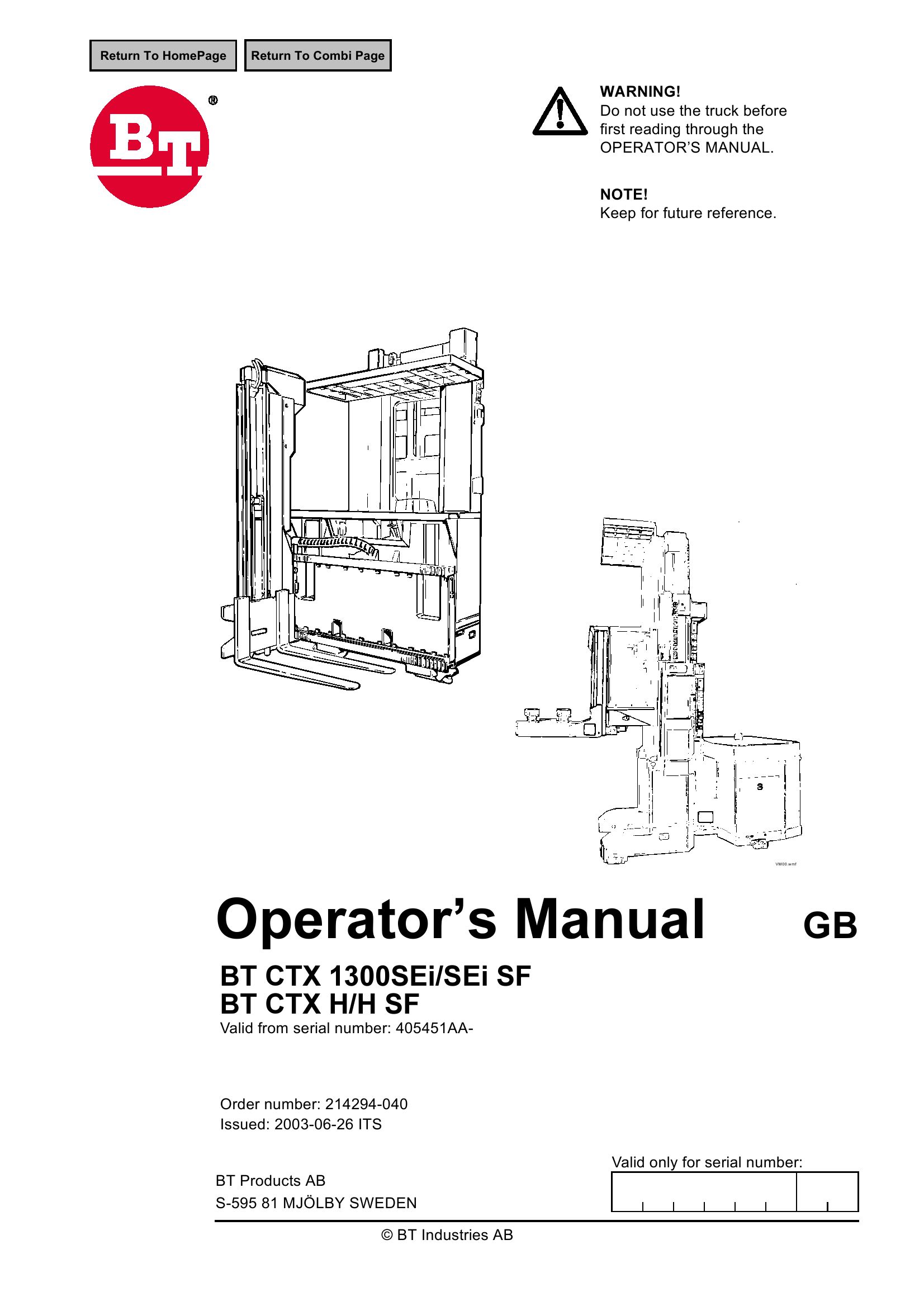 BT Forklift CTX 1300SEi H SF Operators Manual