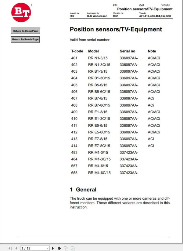 BT Forklift Camera Equipment RRN 3 15 to RRM4 6C 15 Instruction Manual