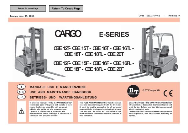BT Forklift Cargo E Series Use and Maintenance Handbook EN IT DE