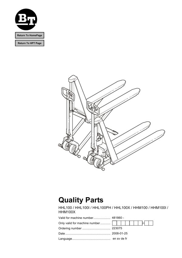 BT Forklift HHL100 to HHM100 Parts Catalog EN SV DE FR