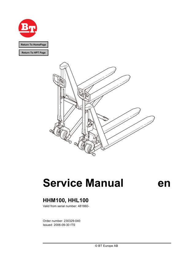 BT Forklift HHM100 HHL100 Service Manual