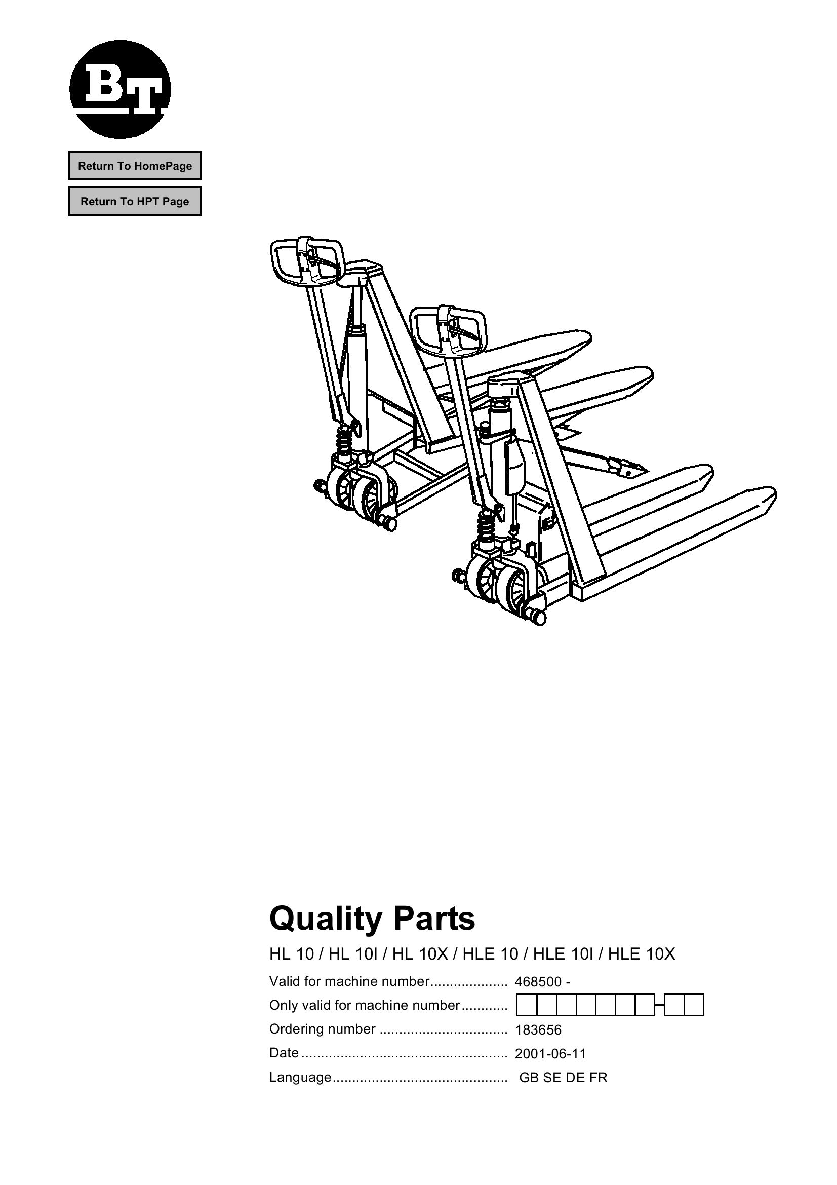 BT Forklift HL10 HLE10 Parts Catalog EN SV DE FR